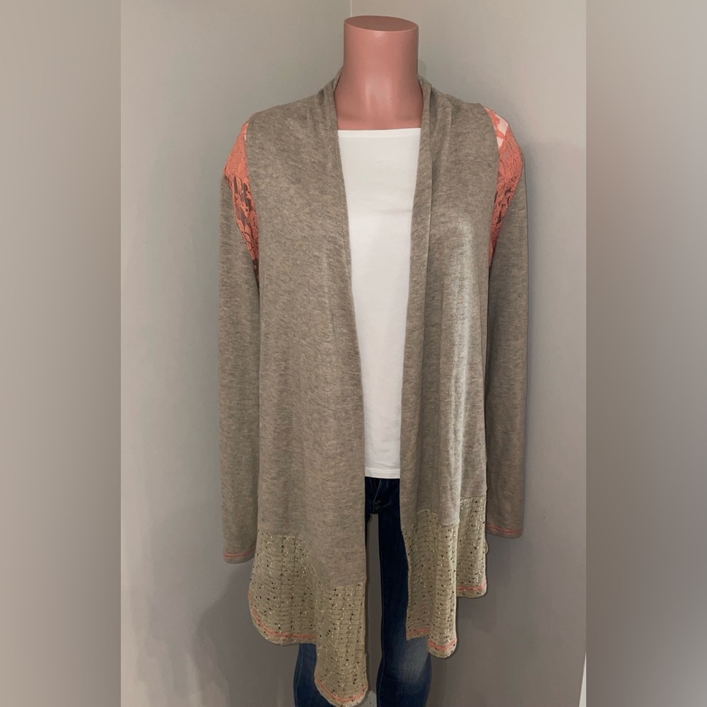 Miss Me Tan and Pink Cardigan with Lace Shoulders. Medium